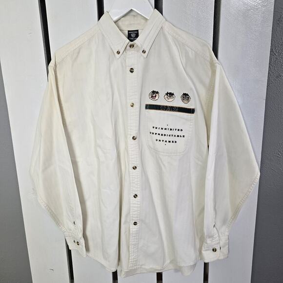 Warner Bros Tasmanian Devil Ivory Button Down Shirt Large VTG Taz Looney Tunes - Picture 3 of 9